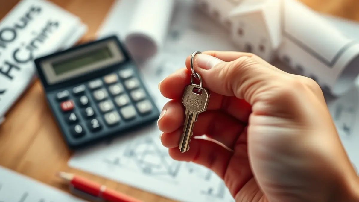 Hand holding a house key, with blurred architectural drawings and a calculator in the background, representing housing policies and financial planning.