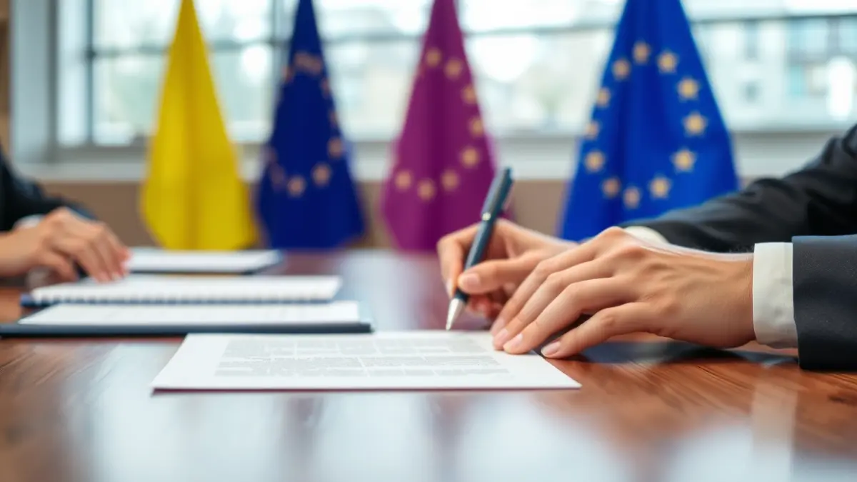 Generic image of hands signing a document, with blurred European Union flags in the background.