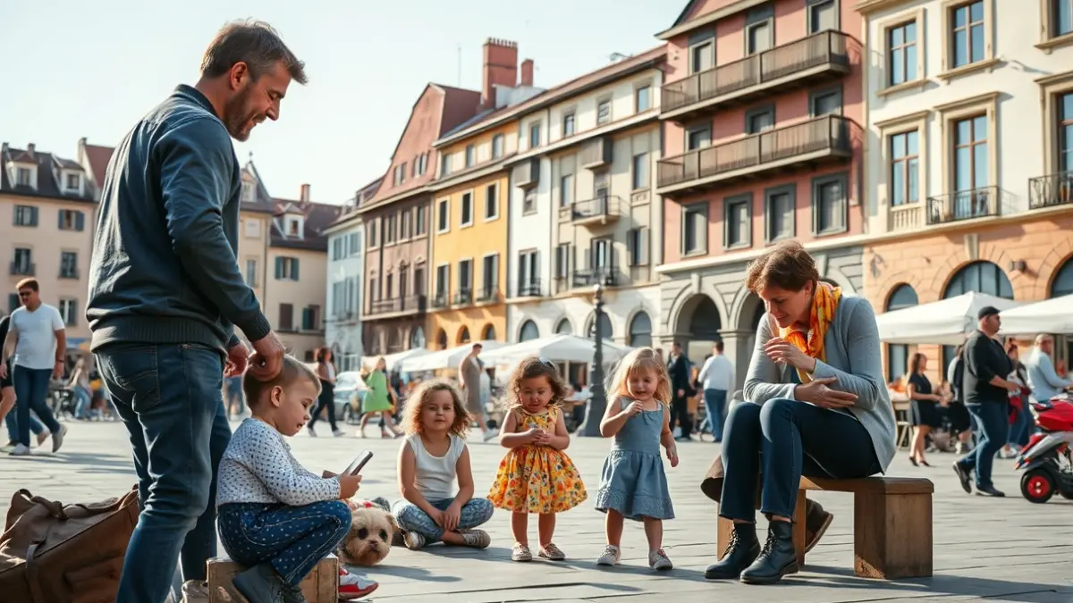 Una familia disfrutando sin móviles en la plaza Okendo de Donostia, participando en actividades.