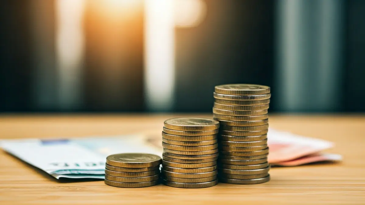 Generic image of a stack of coins and banknotes, with blurred office buildings and a graph in the background, representing economic activity in Euskadi.