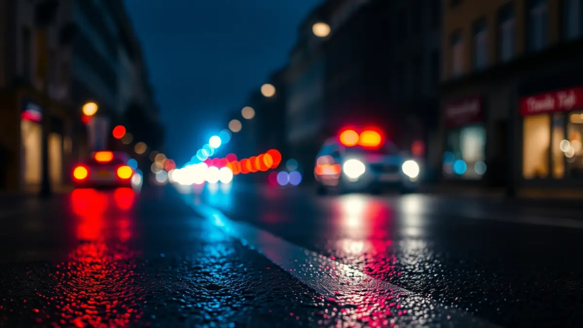 Generic image of emergency lights reflecting on wet asphalt at night, with a blurred urban street background.