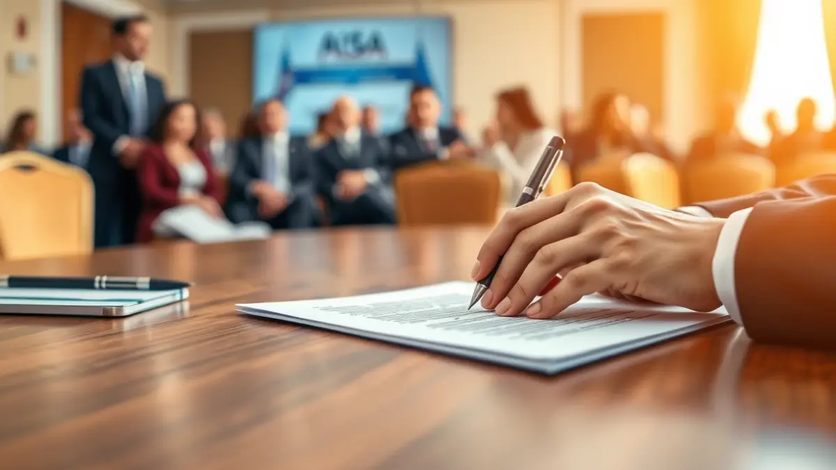 Eskuak dokumentu bat sinatzen mahai batean, atzealdean kongresu bateko parte-hartzaileak lausotuta.