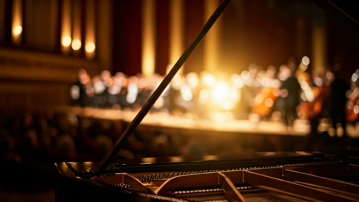 Imagen genérica de un escenario con un piano y una orquesta.