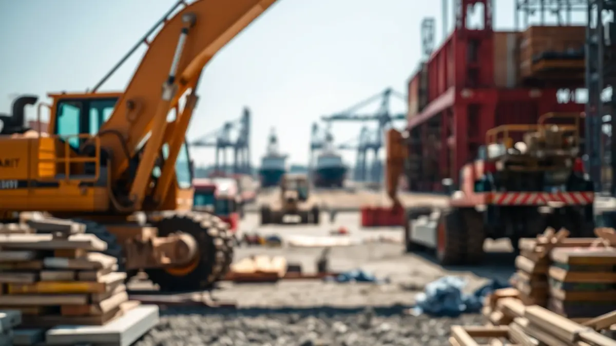 Generic image of a construction site with heavy machinery and materials, with a blurred port in the background.