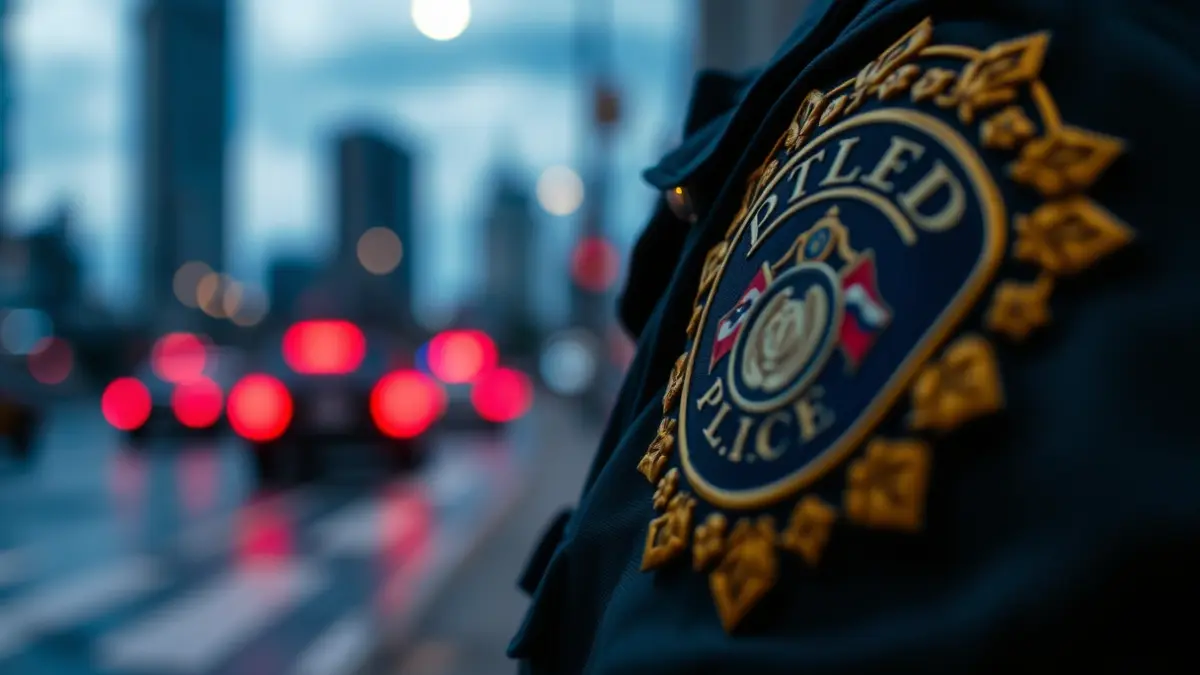 Imagen genérica de un primer plano de una placa de policía en un uniforme, con un fondo borroso de una calle de la ciudad al anochecer, reflejando luces de emergencia.