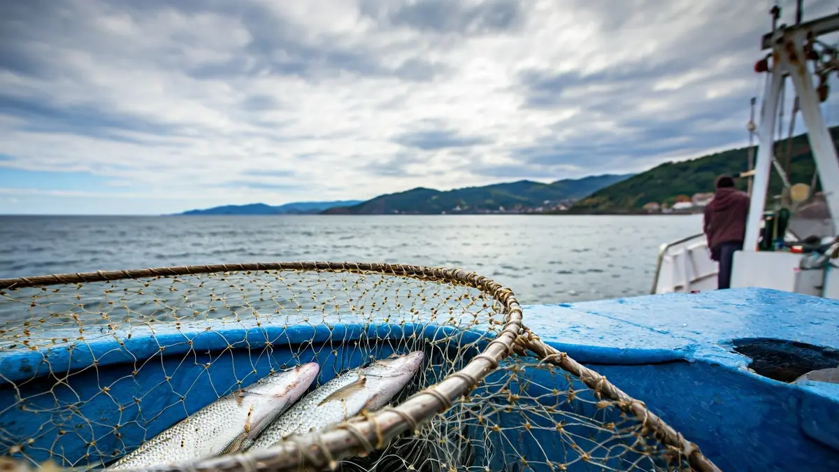 Generic image of a fishing net with the Basque coast in the background.