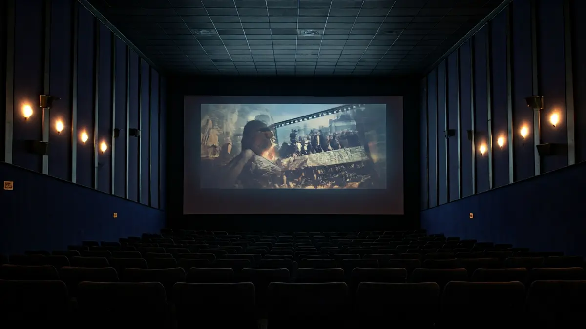 Irudi generikoa zinema areto baten barrualdekoa, pantaila handi batekin eta eserleku hutsekin.