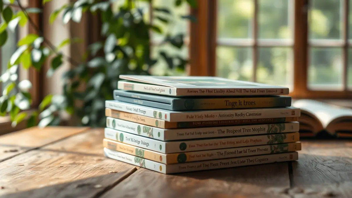 Generic image of a stack of books about trees on a rustic wooden table, with blurred green foliage in the background.