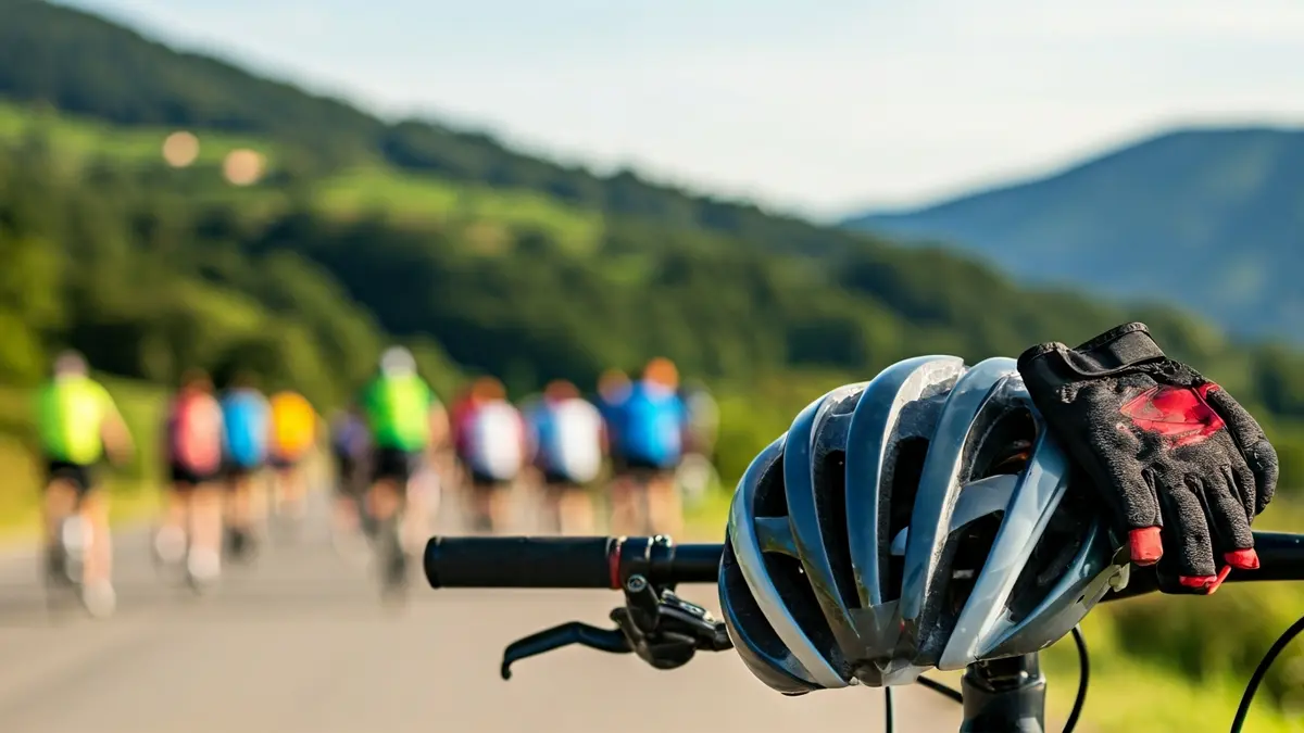 Imagen genérica de un primer plano de un casco y guantes de ciclismo sobre un manillar de bicicleta, con una carretera borrosa y montañas verdes del País Vasco al fondo.
