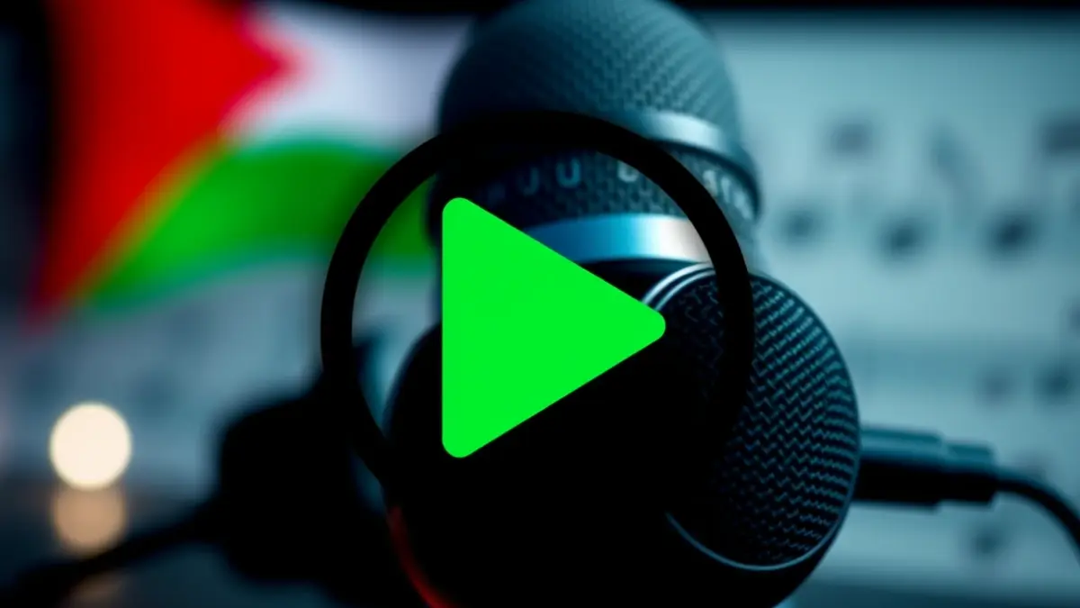 Palestinako banderaren koloreak dituen 'play' botoiaren ikur estilizatua, musika eta teknologia irudikatuz.