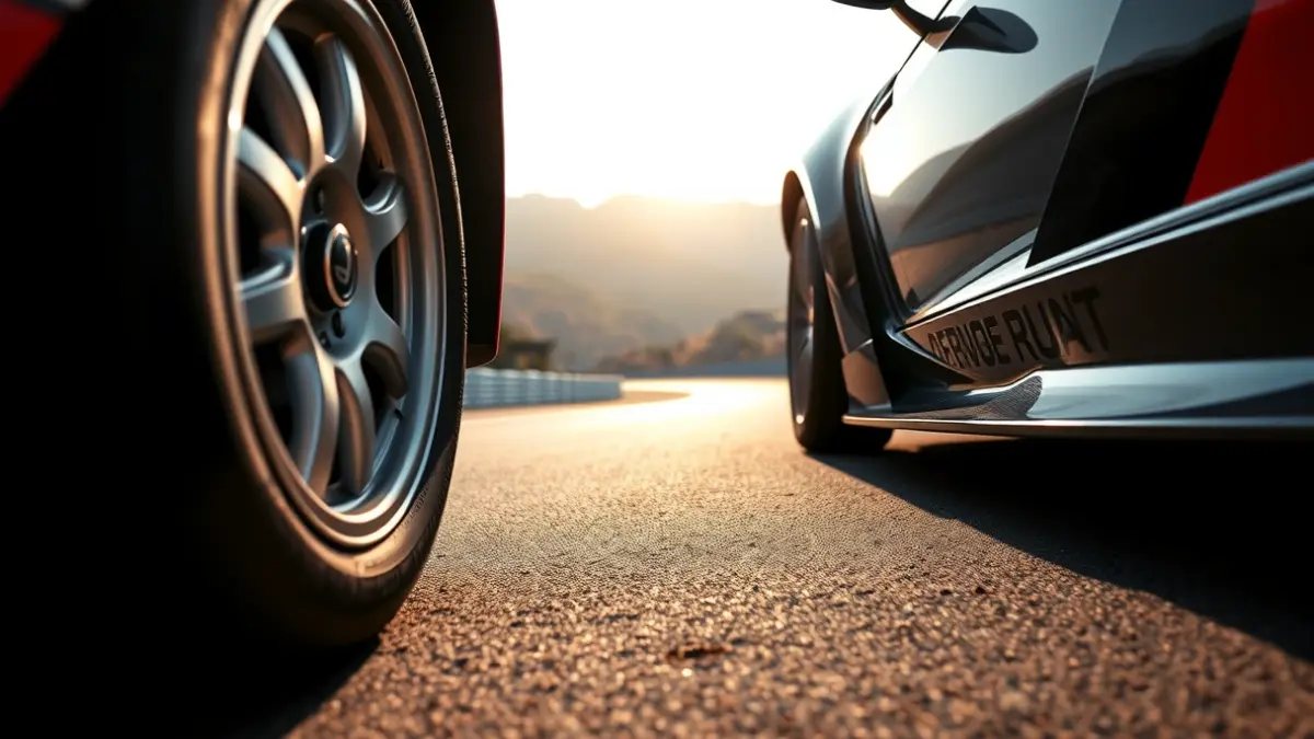 Generic image of a racing car wheel on a mountain race circuit.