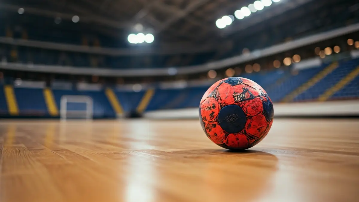 A handball resting on a polished sports court floor, with empty bleachers in the background.