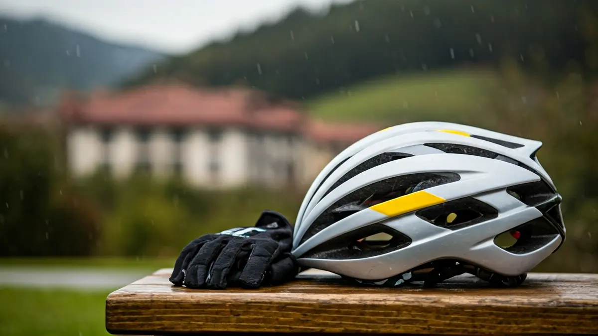 Txirrindularitza kaskoa eta eskularruak egurrezko banku batean, atzealdean euskal paisaia euritsua lausotuta.