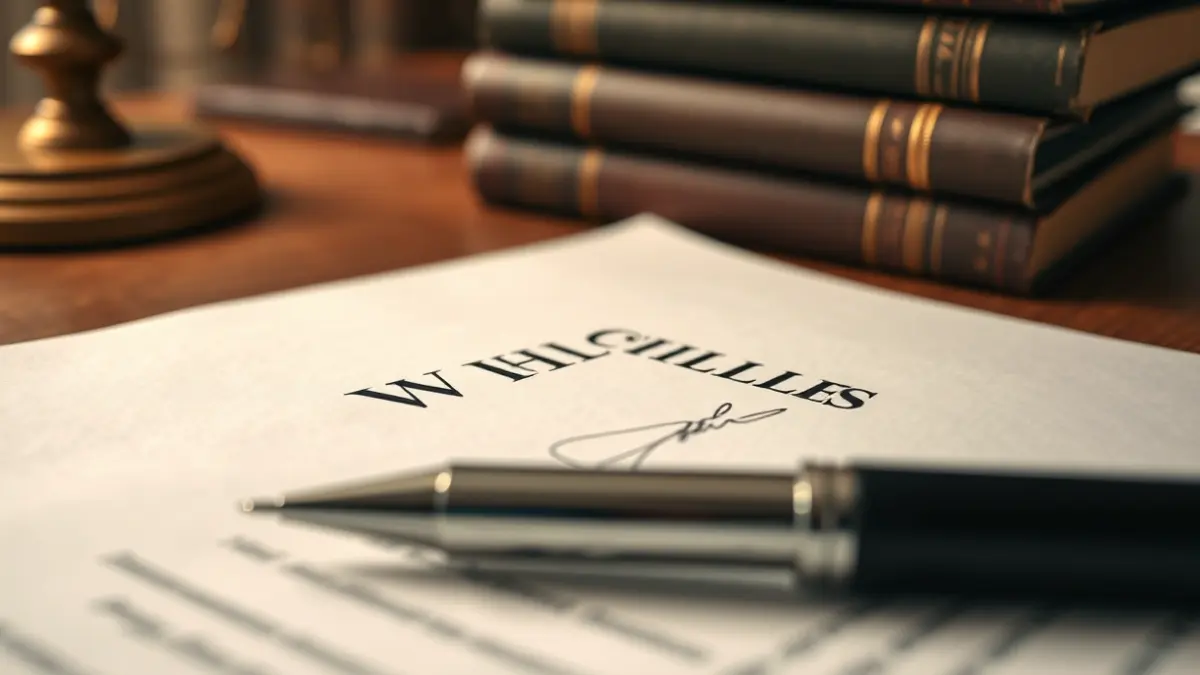 Generic image of a will document with a pen and legal books in the background.