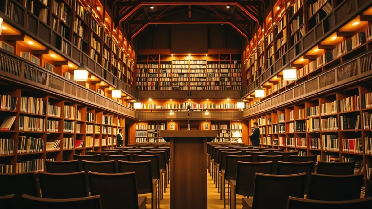 Imagen genérica del interior de una biblioteca con un podio con micrófono y sillas vacías.