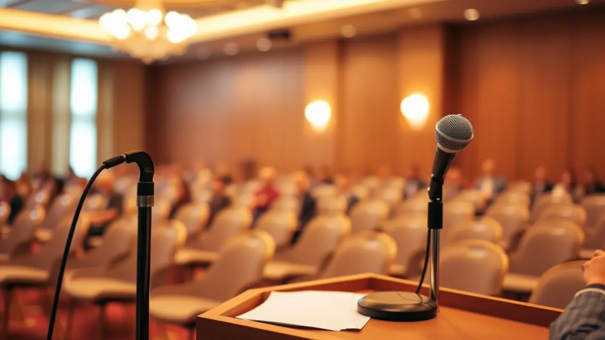 Irudi generikoa mikrofono baten aurrean dagoen podium baten aurrean, hitzaldi areto batean.