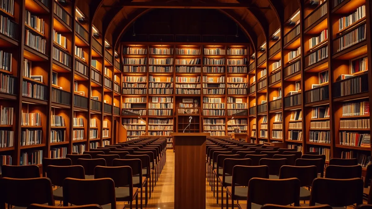 Irudi generikoa liburutegi bateko barrualdekoa, mikrofono batekin eta aulki hutsekin.