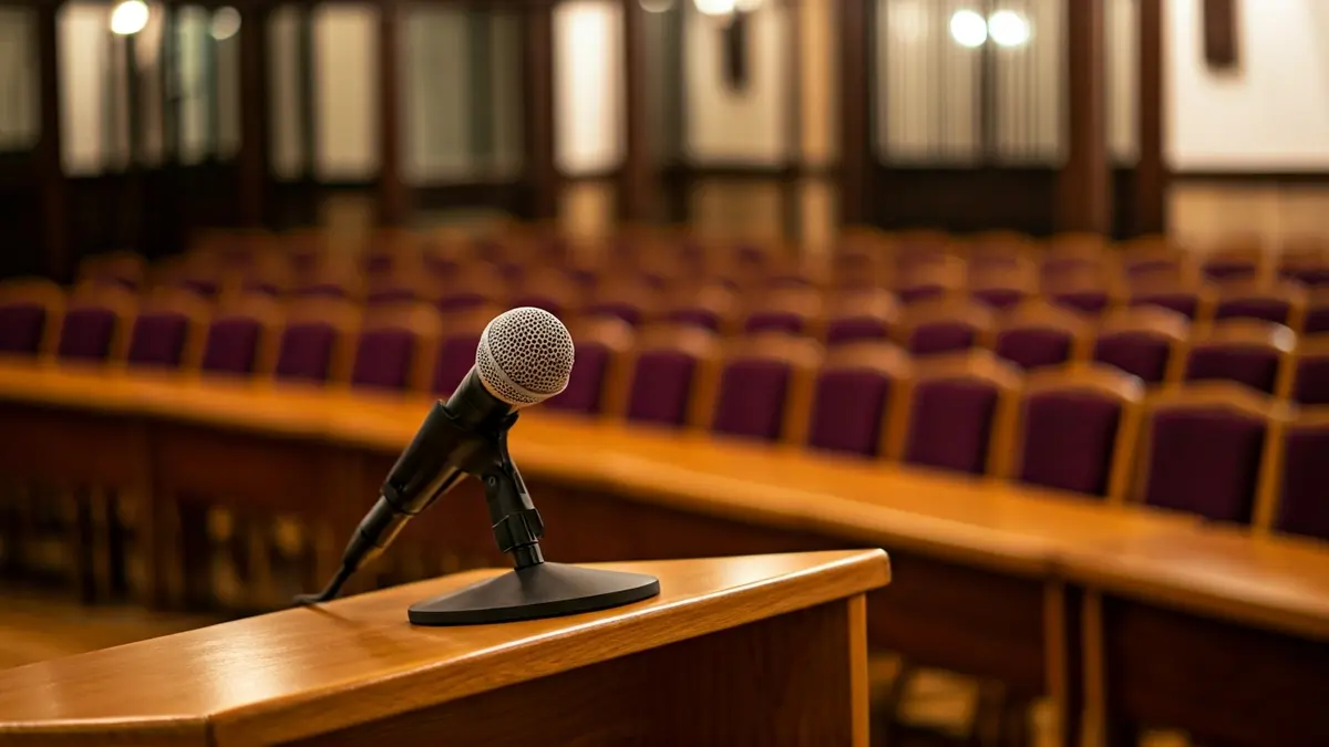 Irudi generikoa: Mikrofono bat podiumean, kultur elkarte bateko aretoan.