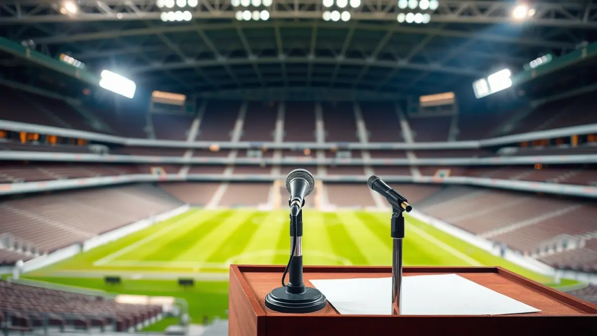 Un micrófono en un podio en un estadio vacío, con el campo verde borroso al fondo.