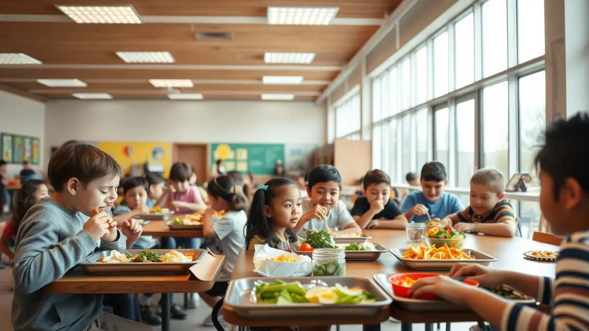 Generic image of a school cafeteria, showing students eating and healthy food options.