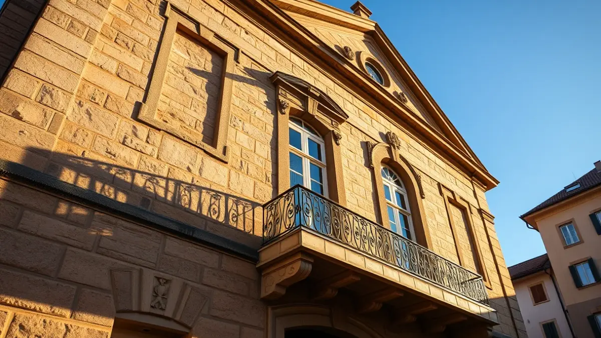 Fachada de un ayuntamiento vasco con balcón ornamentado y luz solar.