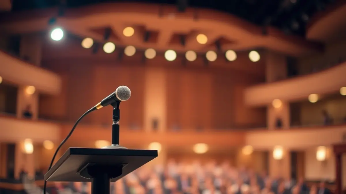 Generic image of a microphone on a stage, suggesting a cultural event.