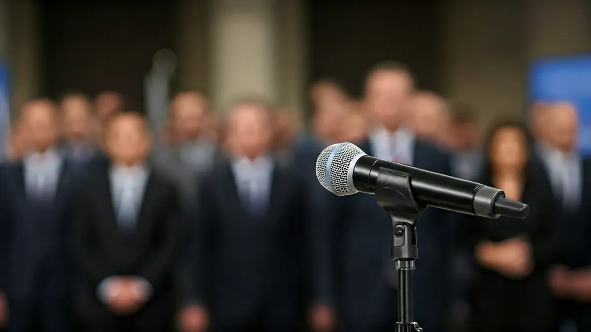 Irudi generikoa mikrofono baten aurrean, prentsaurreko bat iradokitzen duena.