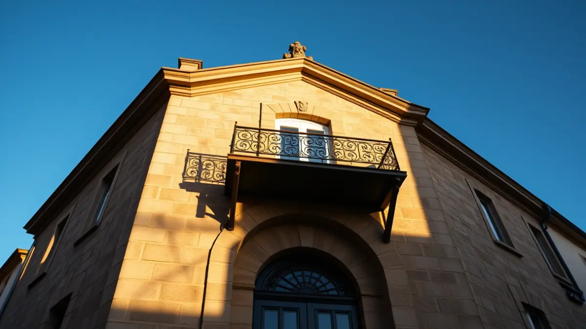 Euskal udaletxe tradizional baten fatxada, balkoi apainduarekin eta burdin hesiak dituenarekin, arratsaldeko eguzki-argia harrizko hormetan itzalak sortzen, zeru urdina, argazkilaritza dokumental estiloan