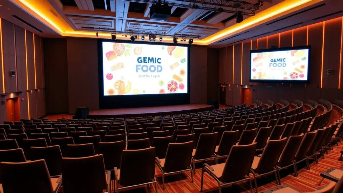 Generic image: modern conference hall interior with a large screen and empty seats.