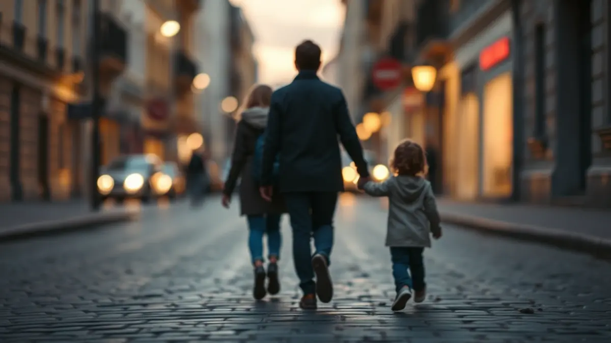 Irudi generikoa, familia baten silueta ilunabarrean hiri bateko kalean, haur baten eskua atzera luzatuta.