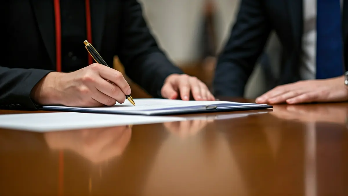 Generic image of hands signing a document on a table.