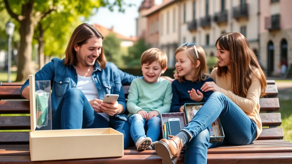 Una familia sentada en un banco de parque, disfrutando sin móviles.