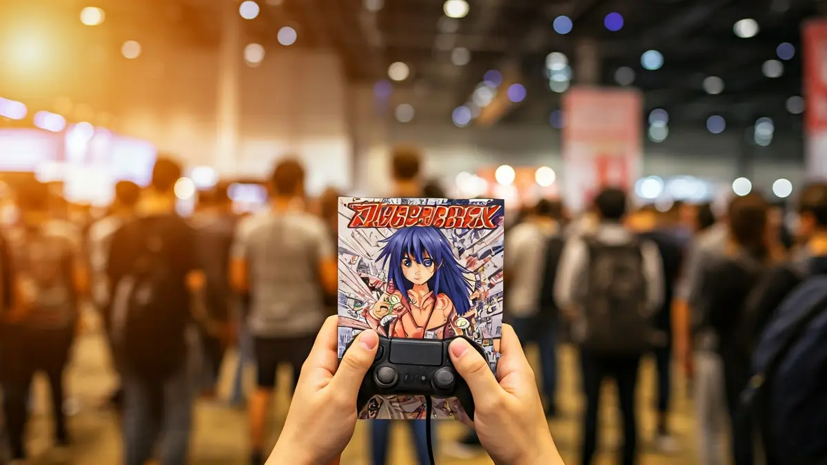 Generic image of a person's hands holding a manga comic book or a video game controller, in a convention center.