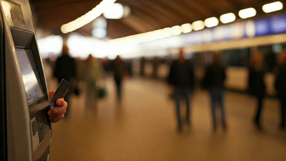 Generic image of a hand holding a payment card at a bus ticket machine.