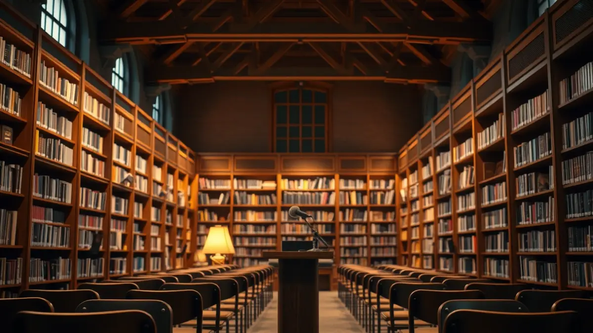 Irudi generikoa: Liburutegi baten barrualdea, mikrofono bat eta aulki hutsak.