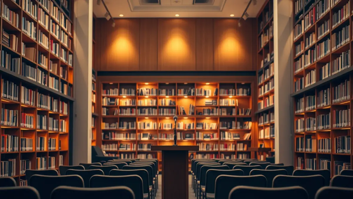 Irudi generikoa liburutegi baten barrualdekoa, mikrofono batekin eta aulki hutsekin.