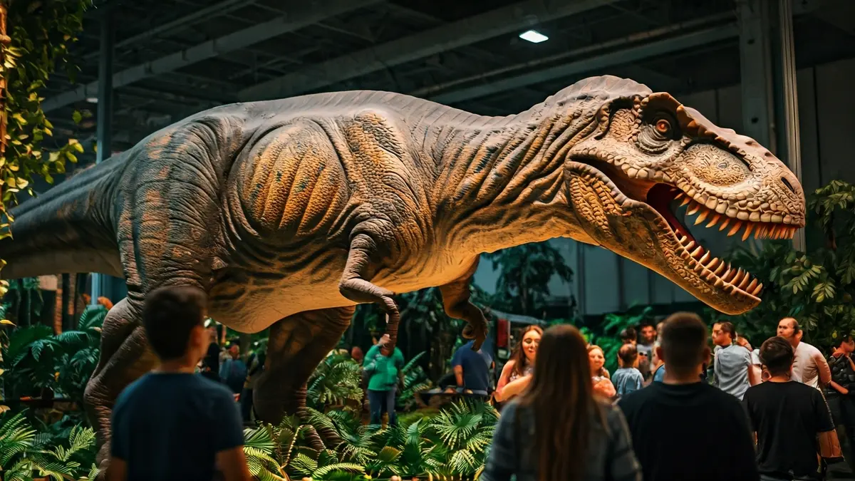 Irudi generikoa dinosauros animatroniko baten erakusketan, familia batzuk atzealdean.