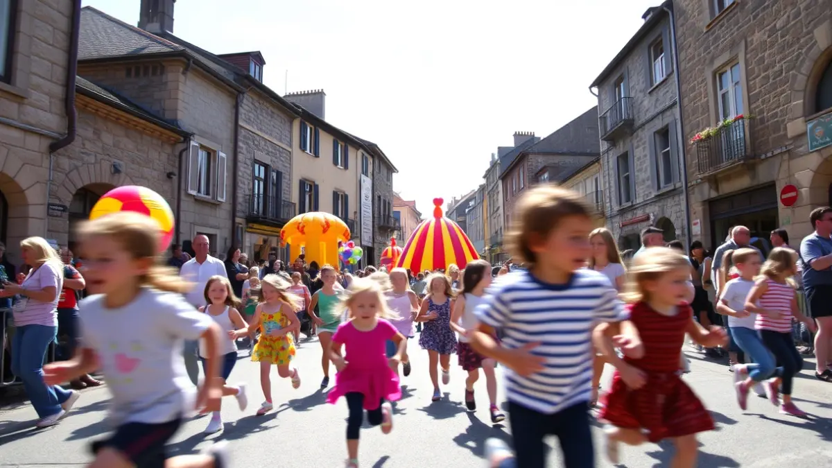 Festive image of Floreaga neighborhood in Azkoitia, with children playing on inflatables.