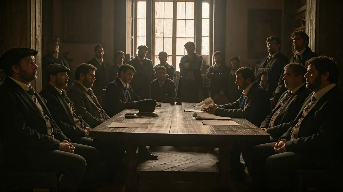 XIX. mendeko euskal ordezkariak dokumentuak eztabaidatzen mahai baten inguruan.