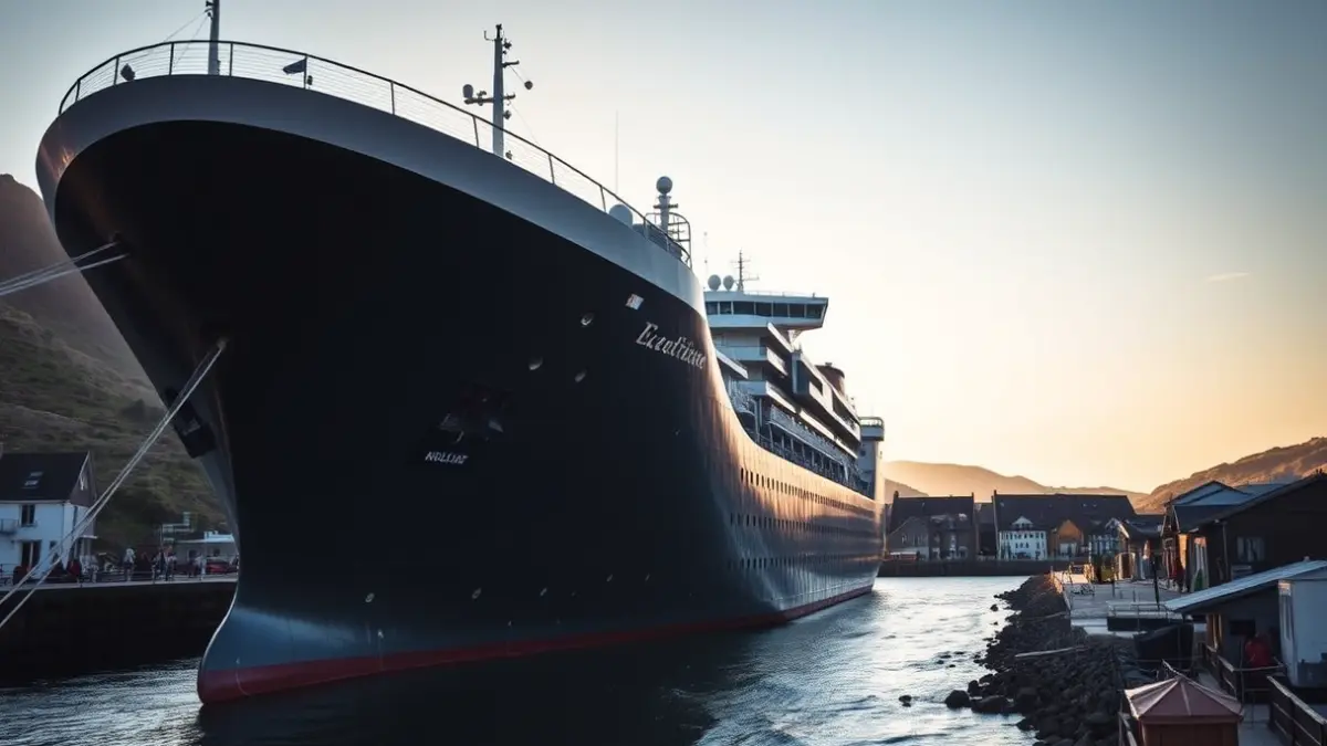 Fridtjof Nansen espedizio-ontzia Pasaiako portuan ainguratuta, goizeko eguzkipean.