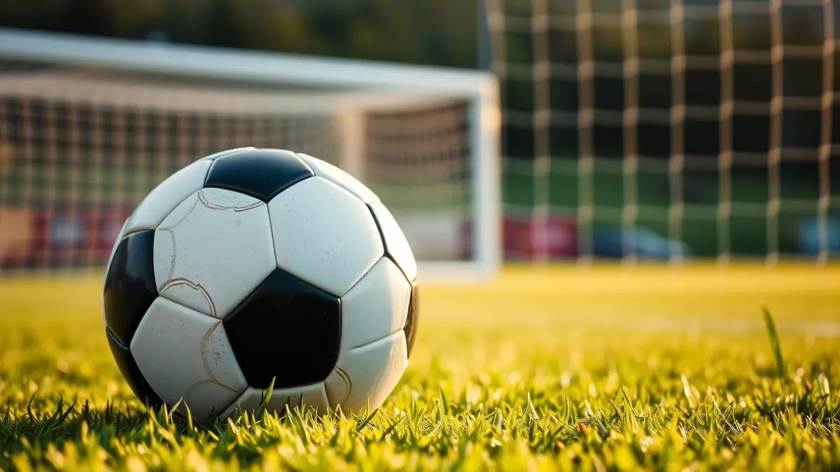 Irudi generikoa futbol-baloi bat belar berdean, atzealdean ate zuri bat lauso, eta urrezko orduko argia.