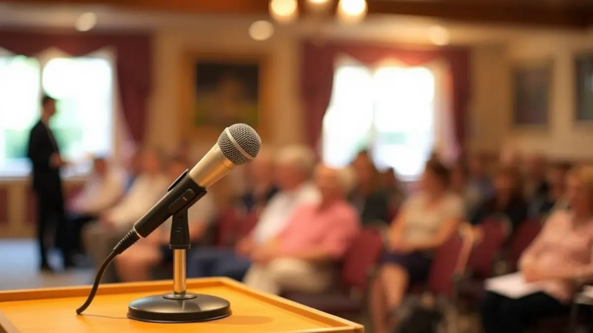 A microphone on a small podium in a warm-lit room, with blurred audience seats in the background.