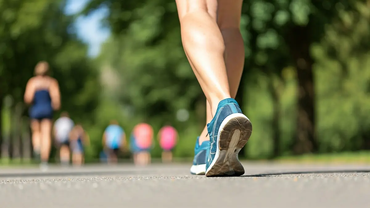 Generic image of a person walking, with green foliage in the background.