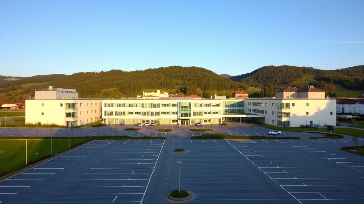 Generic image of a hospital parking lot, with green hills and modern architecture.