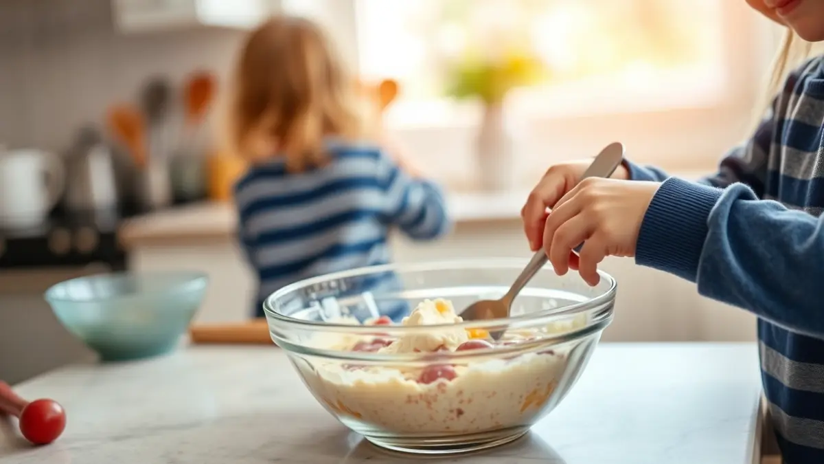 Haurren eskuak osagaiak nahasten sukalde batean, atzealde lauso batekin.