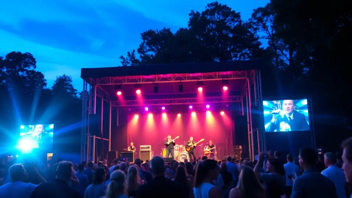 Irudi generikoa kontzertu eszenatoki baten parke batean, ilunabarrean, musika jaialdi baten giroan.