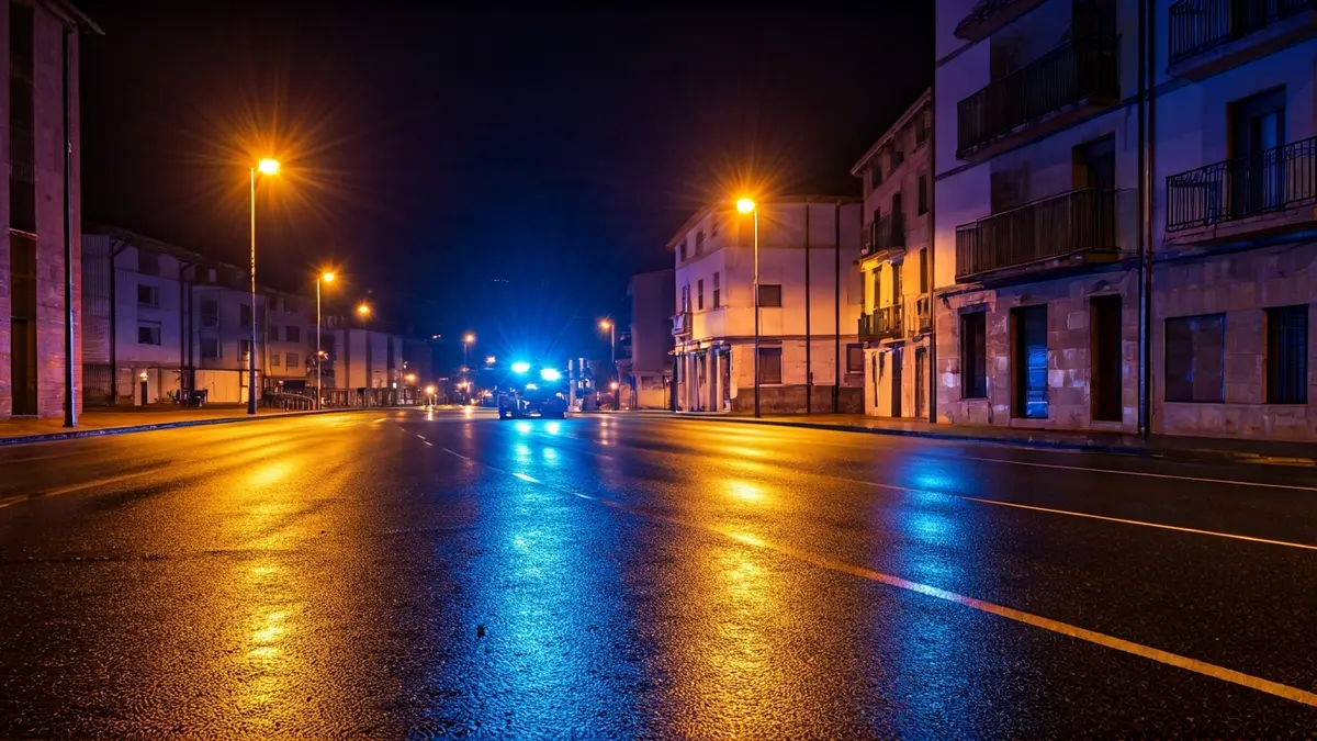 Generic image of emergency lights reflecting on wet asphalt at night in a small Basque town.