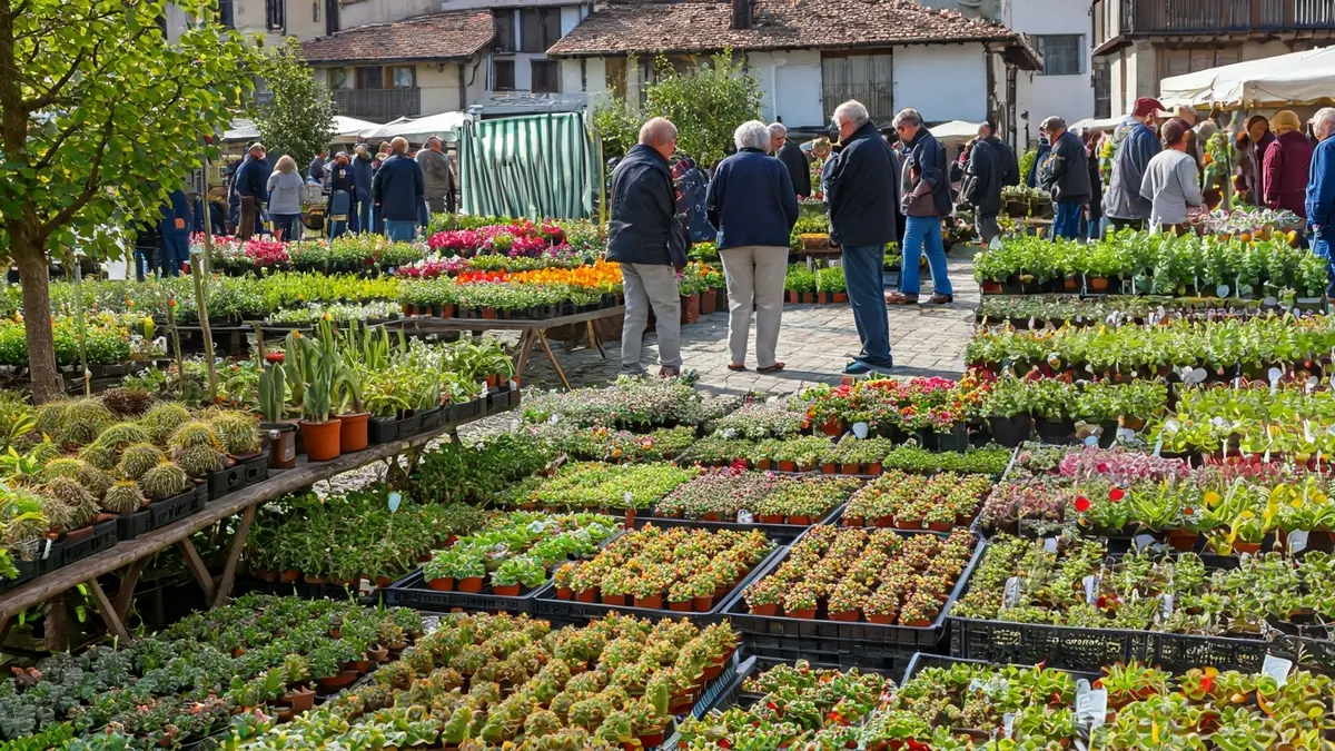 Image of a colorful plant and flower market in a Basque village square, with people browsing the stalls.