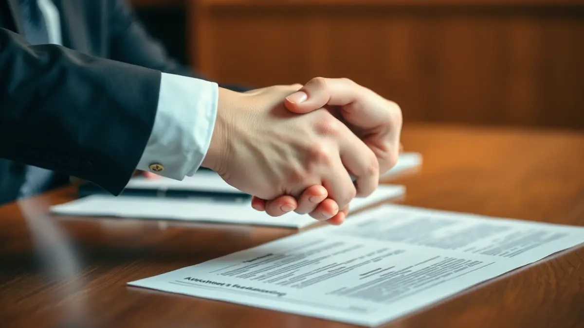 Generic image of hands shaking over a desk, representing a business agreement.
