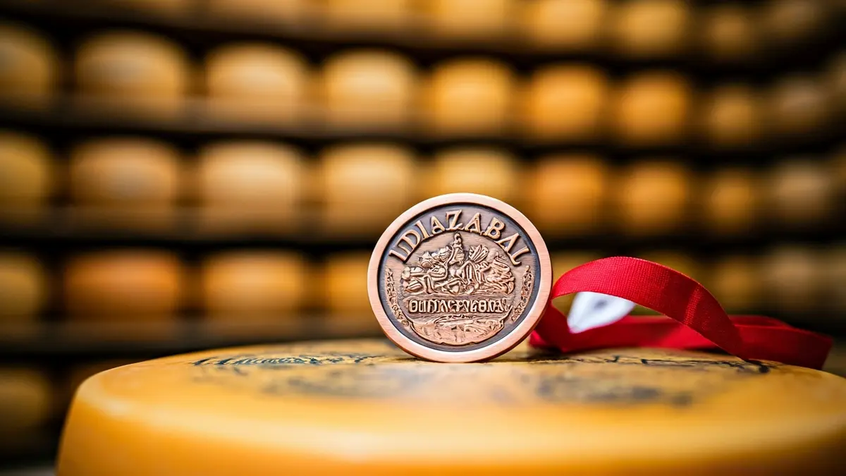 Brontzezko domina bat Idiazabal gazta tradizional baten gainean, gaztandegi baten barrualdea atzealdean duela.